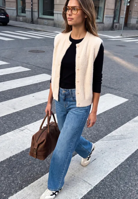 Junge Frau in Jeans, schwarzem Shirt und Strickweste geht über einen Zebrastreifen und trägt eine Tasche.