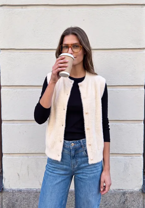Frau in Jeans, schwarzem Shirt und hellbeiger Weste nippt an einem Coffee-to-go vor einer hellen Wand.