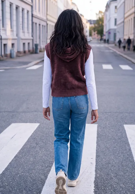 Weste mit Kapuze und Zipper very berry Eine Frau in Jeans, roter Strickweste und weißen Sneakern geht über einen Zebrastreifen in einer ruhigen Straße.