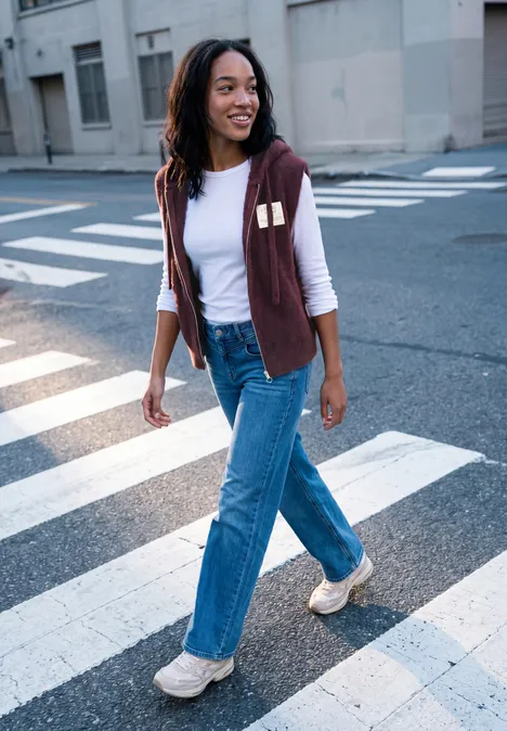Weste mit Kapuze und Zipper very berry Junge Frau in weißem Shirt, Jeans und Sneakers überquert lächelnd einen Zebrastreifen.