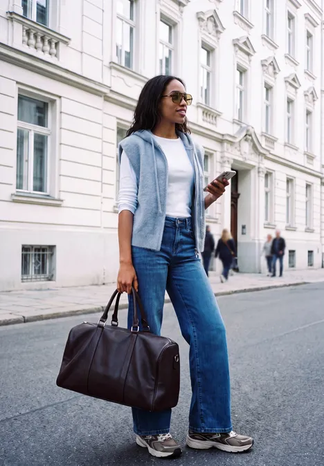 Frau mit Jeans, weißem T-Shirt und großer Reisetasche geht in der Stadt und schaut auf ihr Smartphone.