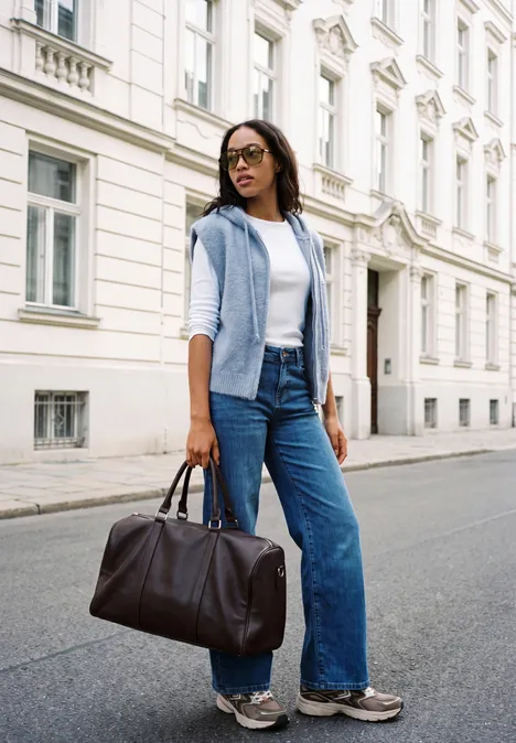 Eine stilvolle Frau steht in Jeans und Jacke mit großer Reisetasche vor einem weißen Gebäude.