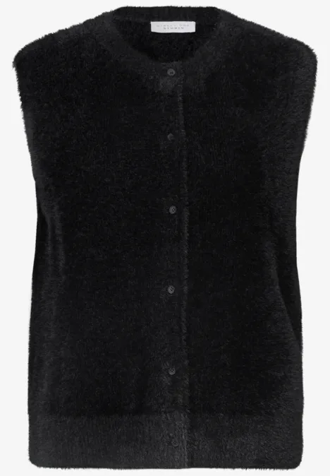 Schwarze, flauschige, ärmellose Strickweste mit Rundhalsausschnitt und Knopfleiste.