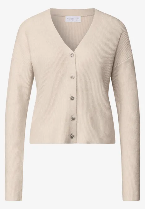 Cardigan mit V-Neck und Knopfleiste creamed sand mel. Beiger, kurz geschnittener Cardigan mit V-Ausschnitt und Knopfleiste