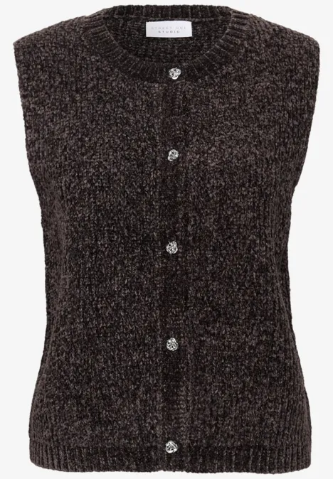Strickweste mit Rundhals und Knöpfen charred brown Braune, flauschige Strickweste ohne Ärmel mit Knopfleiste