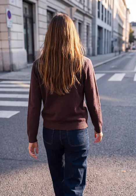 Cardigan mit Rundhals und Rüschendetails russet red Eine Person mit langen Haaren in Jeans und Pullover geht über einen Zebrastreifen in einer ruhigen Straße.