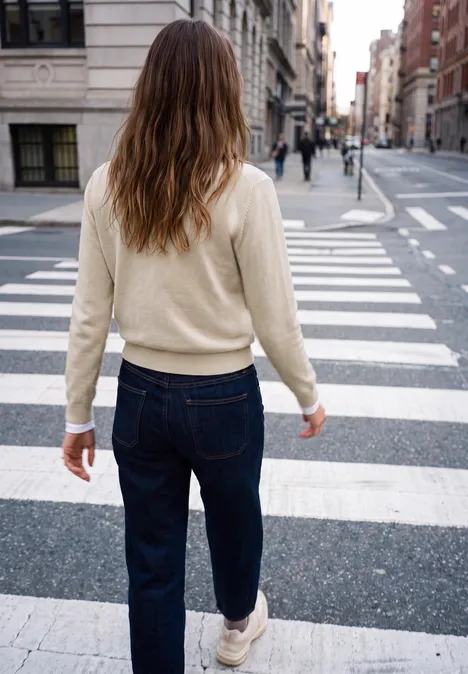 Cardigan mit Rundhals und Rüschendetails creamed sand mel. Eine Frau mit beigem Pullover, Jeans und weißen Sneakern überquert einen Zebrastreifen in der Stadt von hinten.
