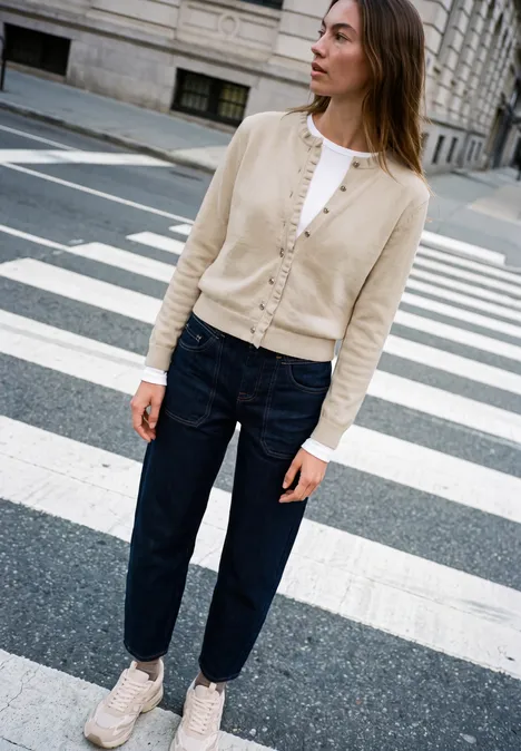 Cardigan mit Rundhals und Rüschendetails creamed sand mel. Eine Frau steht auf einem Zebrastreifen, trägt beigefarbene Strickjacke, weiße Bluse, dunkle Jeans und Sneaker.