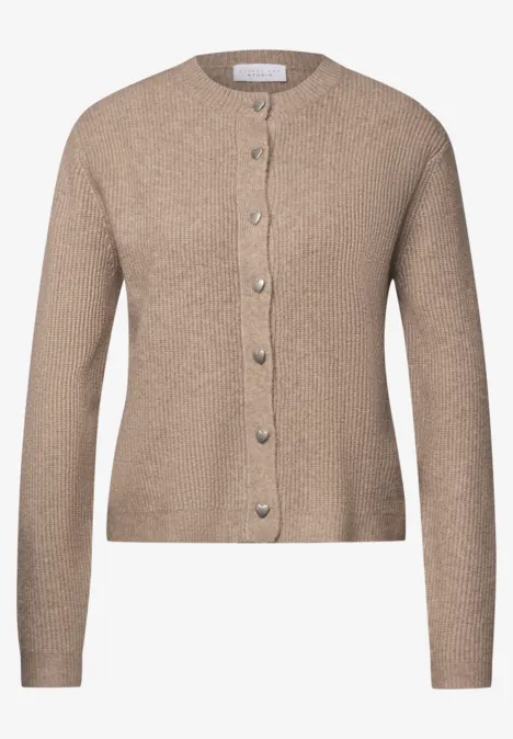 Cardigan à côtes et col rond biscuit sand mel. Beiger Strick-Cardigan mit Rundhalsausschnitt und Knopfleiste, lange Ärmel.