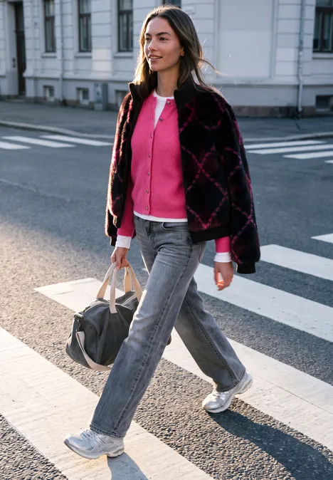 Cardigan à côtes et col rond ruby raspberry mel. Junge Frau überquert selbstbewusst einen Zebrastreifen, trägt pinken Pullover, graue Hose und hält eine Reisetasche.