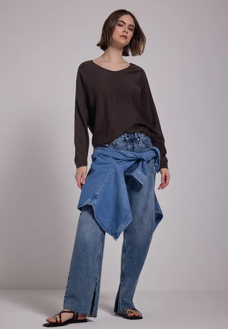 Trui met V-hals plummy brown