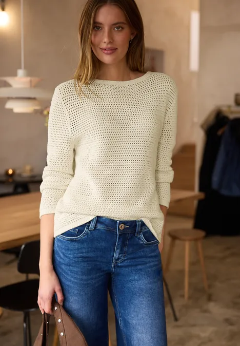 Pullover mit V-Neck und Lochmuster soft beige