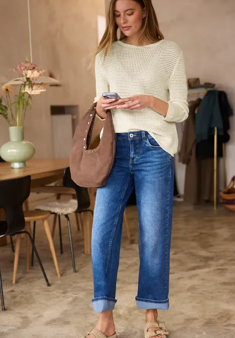 Pullover mit V-Neck und Lochmuster soft beige