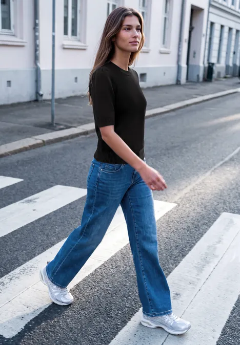 Pull à manches courtes et col rond Black Eine junge Frau mit schwarzem T-Shirt, Jeans und weißen Sneakers überquert einen Zebrastreifen in der Stadt.