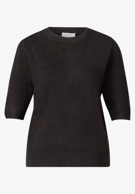 Sweter z krótkim rękawem i okrągłym dekoltem charred brown mel. Czarny sweter z dzianiny z półdługimi rękawami i okrągłym dekoltem