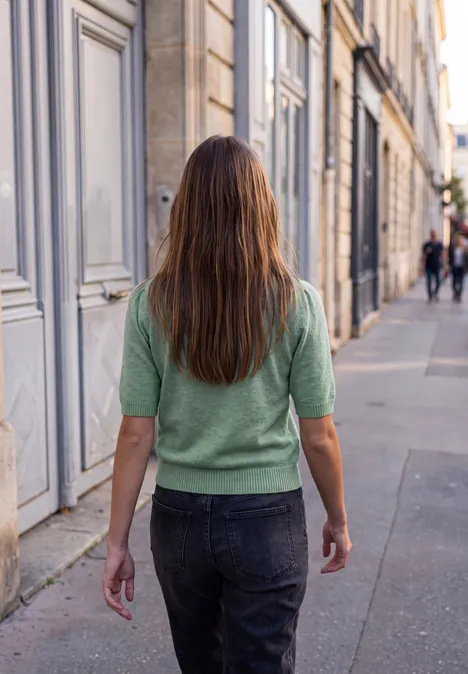 Frau in grünem Pullover und Jeans geht eine Stadtstraße mit historischen Gebäuden entlang.