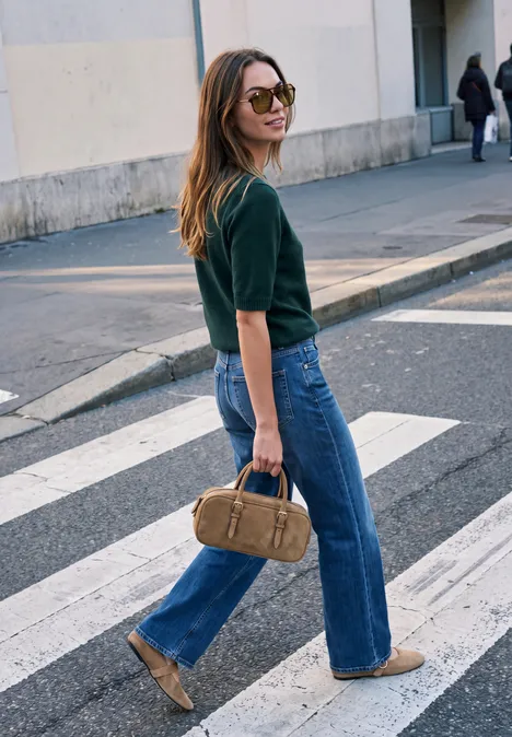 Eine Frau mit Jeans, grünem Pullover und Tasche geht über einen Zebrastreifen.