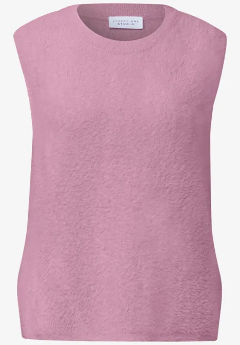 Rosa, ärmelloser Strickpullover mit rundem Halsausschnitt.