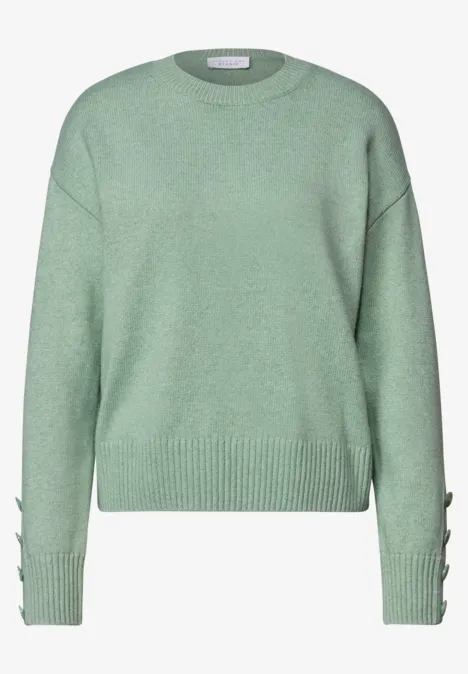 Pullover mit Rundhals und Knopfdetails grayed mint mel. Mintgrüner Strickpullover mit Rundhals, lockerer Passform und dekorativen Knöpfen an den Ärmeln.