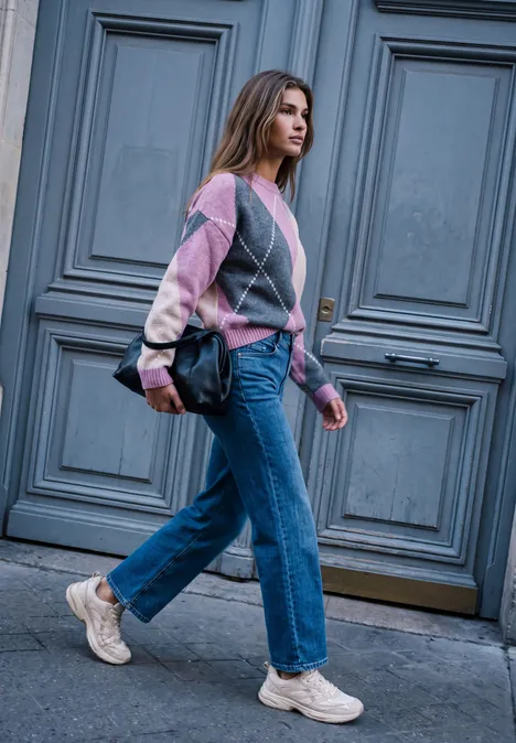 Pullover mit Rundhals und Argyle-Muster pearly rose mel. Eine Frau in buntem Pullover, Jeans und Sneakers geht an einer großen grauen Tür vorbei.