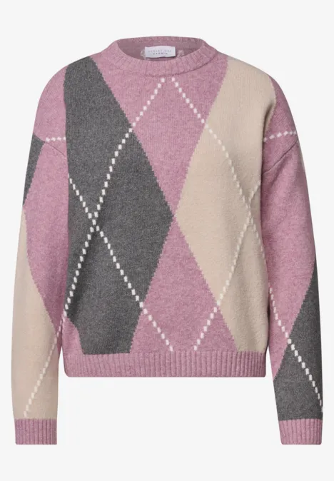 Pullover mit Rundhals und Argyle-Muster pearly rose mel. Grob gestrickter Pullover mit Rautenmuster in Rosa, Grau und Beige, Rundhalsausschnitt.