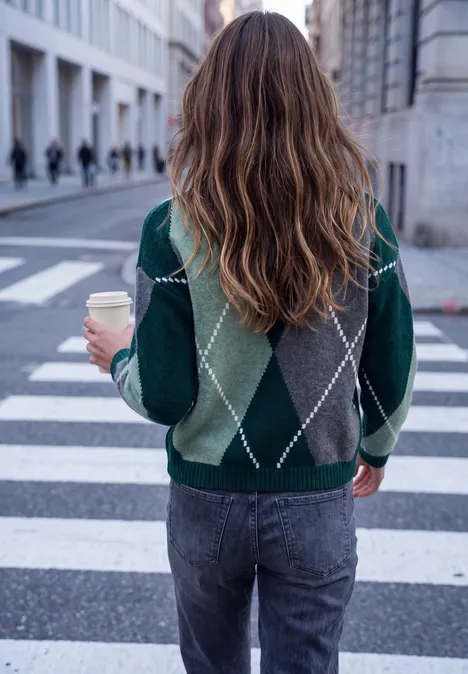 Pullover mit Rundhals und Argyle-Muster mossed green Frau mit langem Haar und grünem Cardigan hält einen Kaffee und steht auf einem Zebrastreifen in der Stadt.