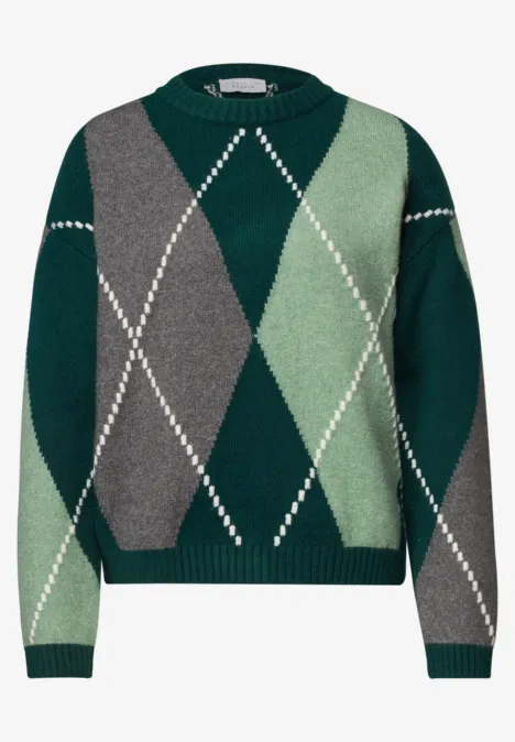 Pullover mit Rundhals und Argyle-Muster mossed green Grüner Strickpullover mit Rautenmuster in verschiedenen Grüntönen und grauen Akzenten.