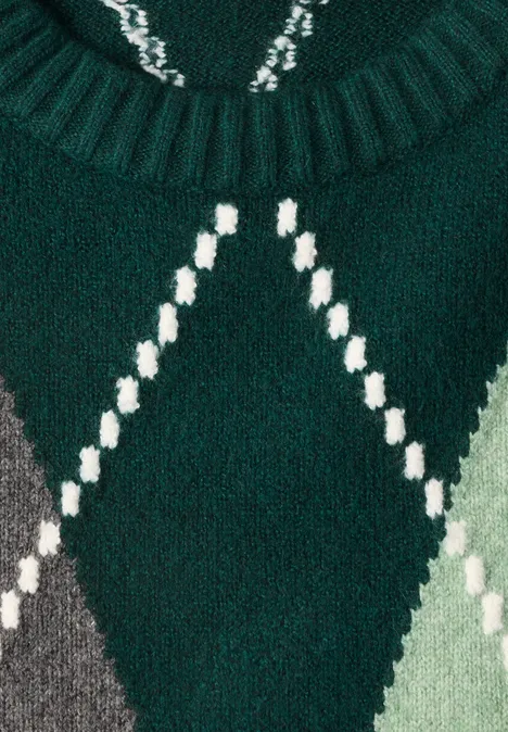 Pullover mit Rundhals und Argyle-Muster mossed green Grüner Strickpullover mit Argyle-Muster in Grau, Hellgrün und weißen Ziernähten.
