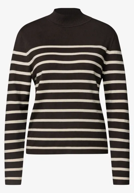 Sweter z golfem i w paski charred brown Czarny top z długim rękawem w kremowe paski