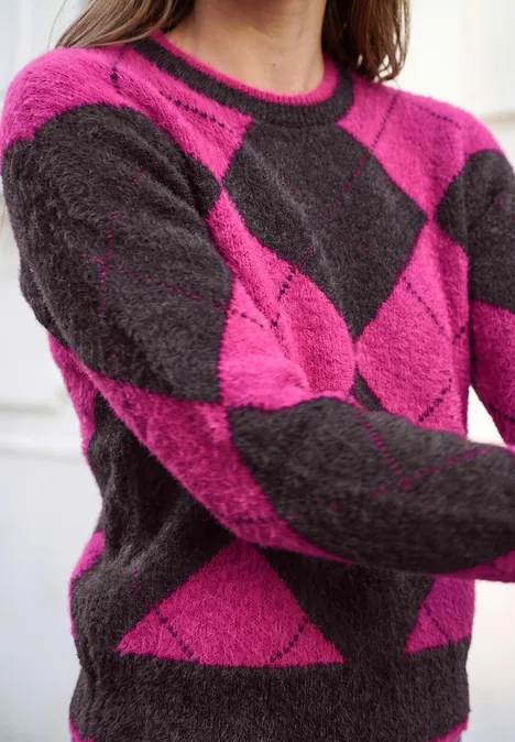 Sweter z okrągłym dekoltem i wzorem argyle charred brown Sweter w czarno-różową kratę