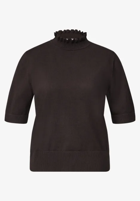 Dunkelbrauner Pullover mit kurzen Ärmeln und gerüschtem Stehkragen