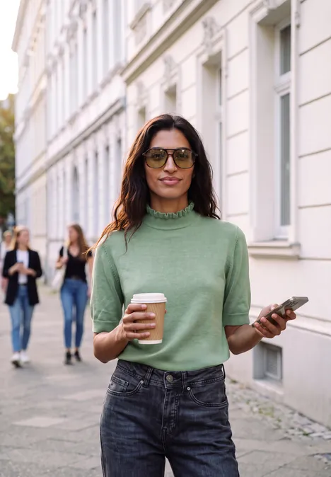 Femme en pull vert, café à la main et téléphone dans l’autre, marchant devant des façades claires.