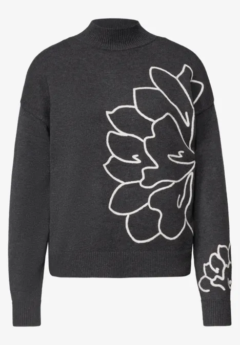 Pullover mit Turtle Neck und Stickerei inked grey mel. Dunkler Pullover mit hohem Kragen und großem, weißen, floralen Grafikdruck vorn und am Ärmel