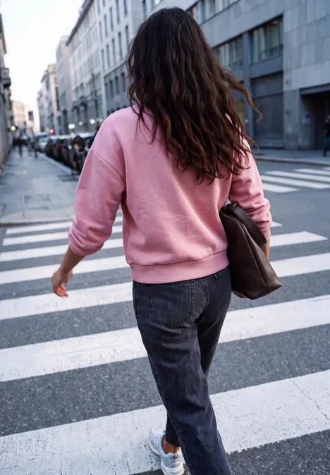 Eine Frau in rosa Pullover und dunklen Jeans überquert eine Straße an einem Zebrastreifen in der Stadt.