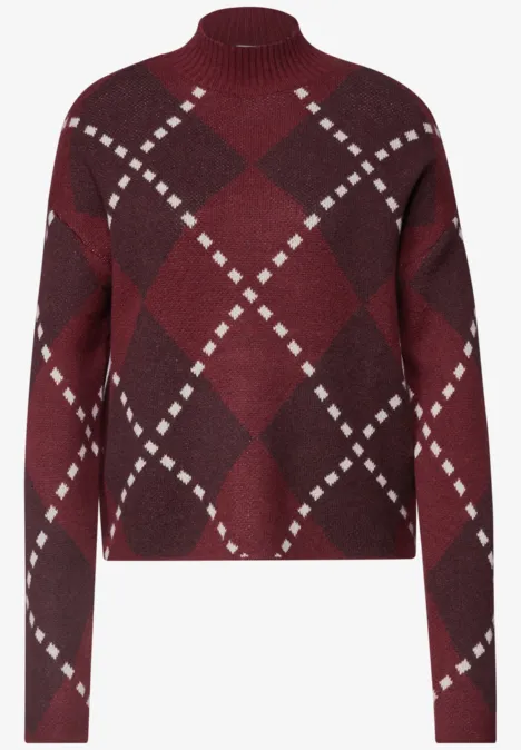 Dunkelroter Pullover mit argyle Karomuster und hohem Rundhalsausschnitt