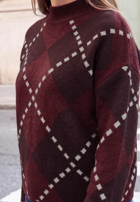 Weinroter Argyle-Pullover mit grauem Rautenmuster