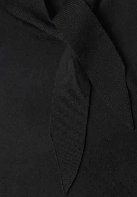 Langarm Pullover mit Schalkragen Black Schwarzer Stoff mit dekorativem Knoten- oder Schleifendetail.