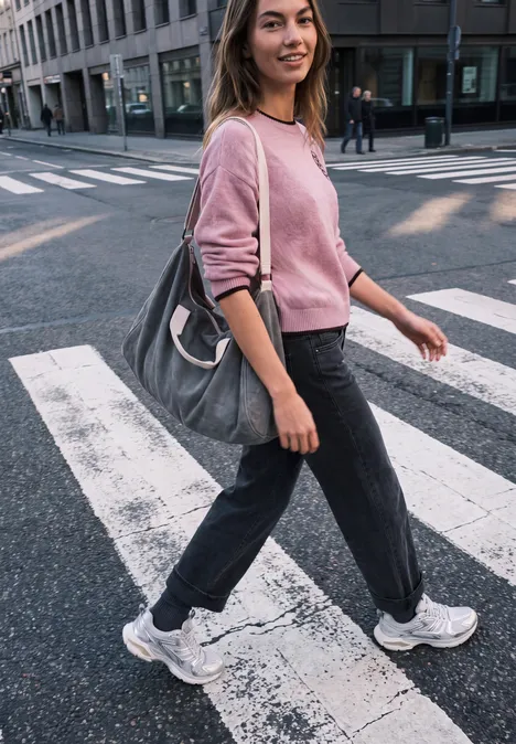 Junge Frau überquert Zebrastreifen in der Stadt, trägt rosa Pullover, Jeans, weiße Sneaker und graue Tasche.