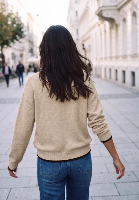 Person mit langem dunklem Haar in beigem Pullover und Jeans geht auf gepflasterter Straße vor Häusern.