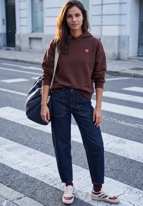 Frau in braunem Kapuzenpullover und Jeans mit Sneakers steht auf einem Zebrastreifen in urbaner Straße.