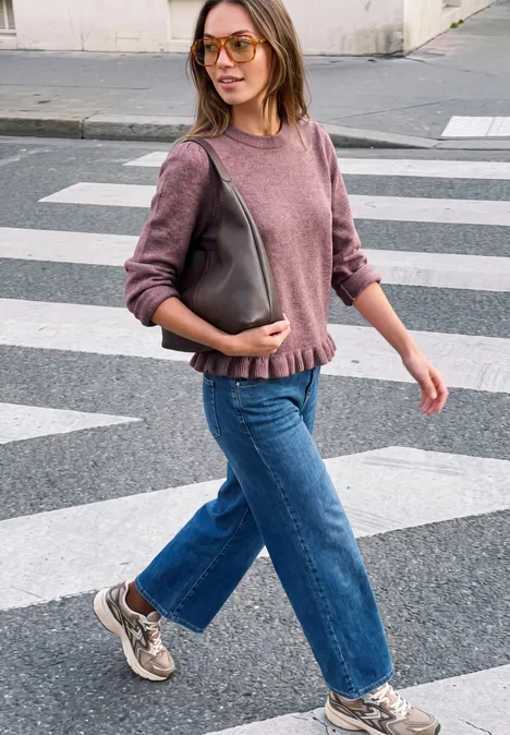Pullover mit Rundhals und Rüschen am Saum hazy rose mel. Frau mit Pullover, Jeans und Sneakers überquert Zebrastreifen, trägt Schultertasche und Brille.