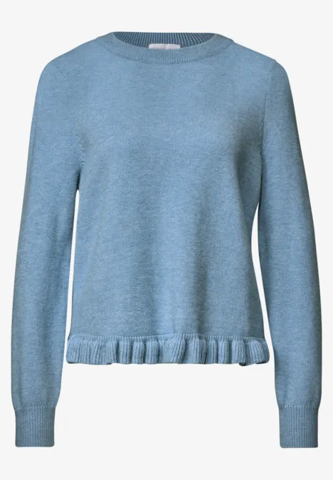 Pullover mit Rundhals und Rüschen am Saum loom blue mel. Hellblauer, langärmliger Damenpullover mit Rundausschnitt, gerippten Bündchen und kleinem Rüschenabschluss am Saum.