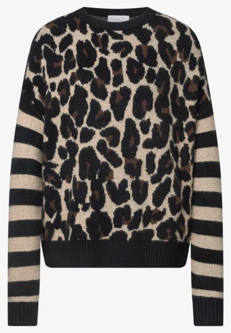 Pull à motif léopard et manches rayées Black Pullover mit Leopardenmuster in Beige und Schwarz, gestreifte Ärmel