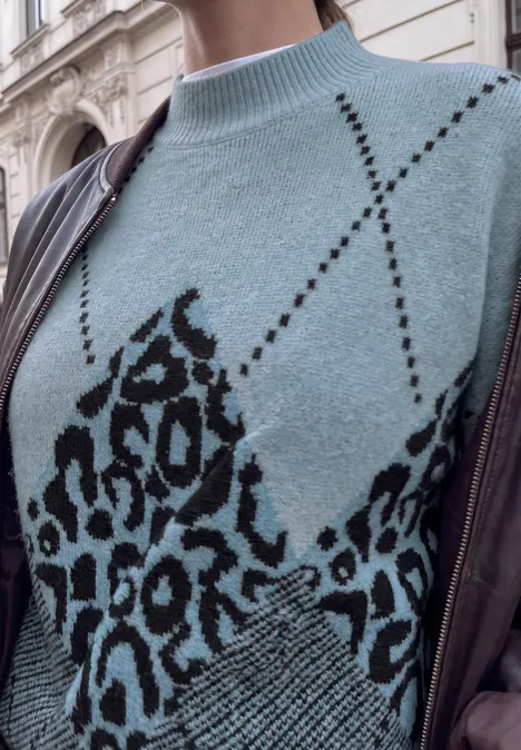 Oberkörper in hellblauem Pullover mit schwarzem Leoparden- und Rautenmuster, braune Lederjacke über den Schultern.