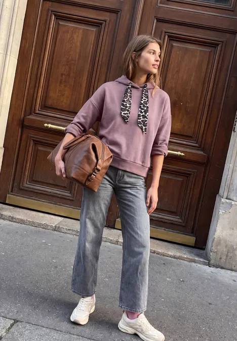 Sweat à capuche ample hazy rose Eine junge Frau steht vor einer Holztür, trägt ein lila Sweatshirt mit Leo-Kordeln, weite Jeans, weiße Sneaker und einen Rucksack.