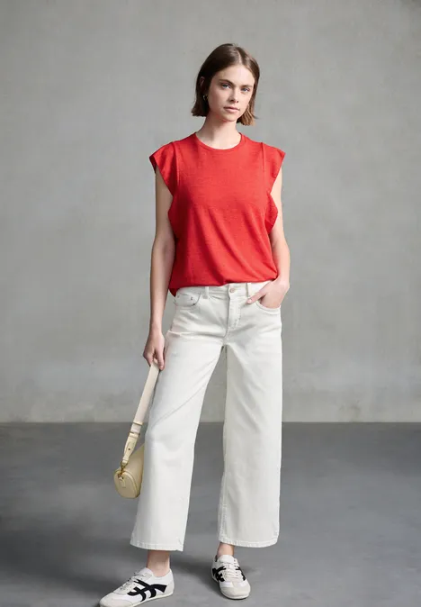 Top en lin avec volants mandarin red