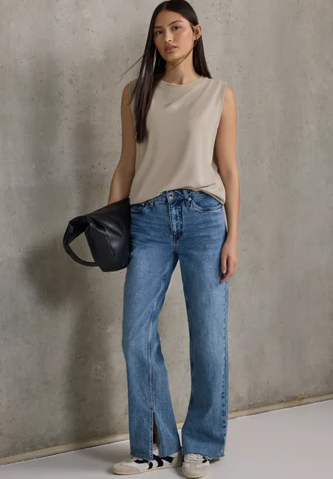 Silk-Look Top mit Wording sandshell beige
