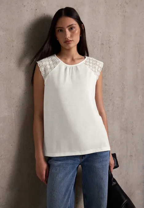 Leinen-Look Top mit Spitze off white