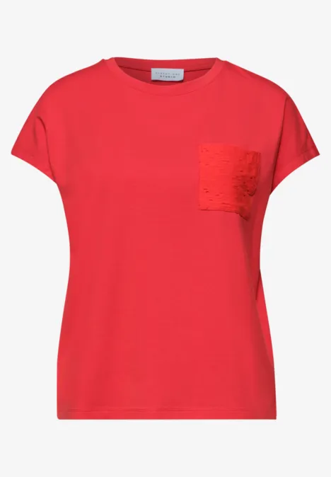 Shirt met ronde hals en kanten zakje chili red
