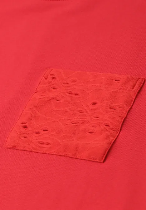 Shirt met ronde hals en kanten zakje chili red